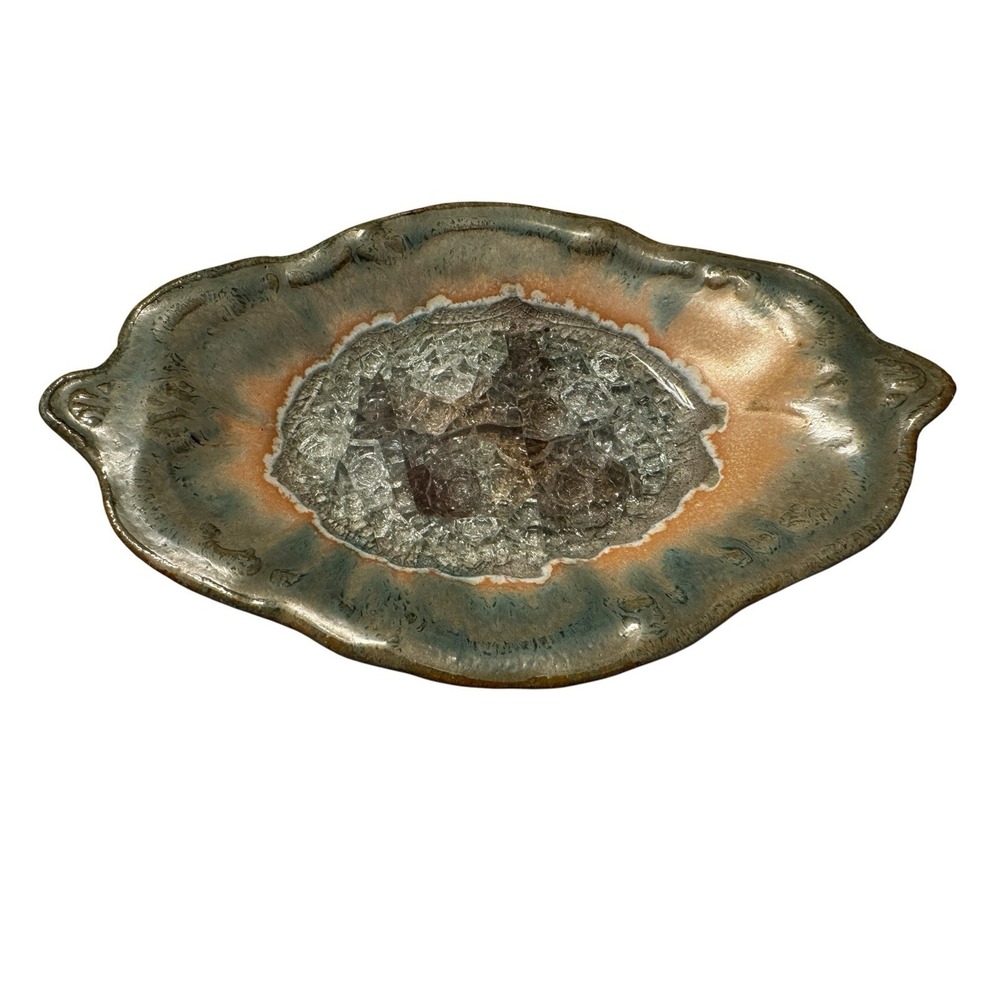Artisan Pottery Oval Dish Crackle Glass Center Made in USA Colorado Decorative